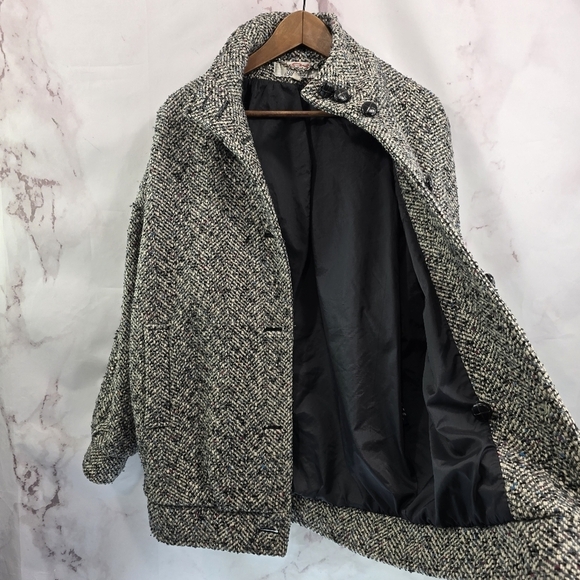 Vintage Coat Womens 1X Gray Wool Tweed Words 80s 90s Pleated Slouchy Korea - Picture 9 of 14